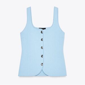 NWT Zara Knit Corset Tank Top Light Blue Silver Button Front Size Large Pastel